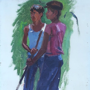 Boceto. Pintura al óleo antigua original del realismo socialista Arte soviético Artista ucraniano Gribok D.K. 69-50 cm Óleo sobre cartón 1970e