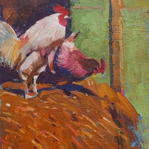 Gallo y gallinas. Pintura original del artista ucraniano Yalansky A. 24-18 cm, óleo sobre lienzo sobre cartón, década de 2000