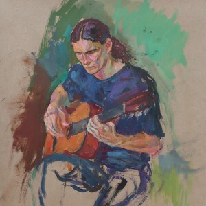 Músico. Pintura original de la artista ucraniana Kulagina A. 49-37 cm, óleo sobre cartón, año 2004