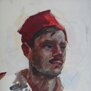 Retrato de un hombre, pintura al óleo antigua, original, realismo socialista, arte soviético, artista ucraniano Vovk A.I. 36-27 cm óleo sobre cartón
