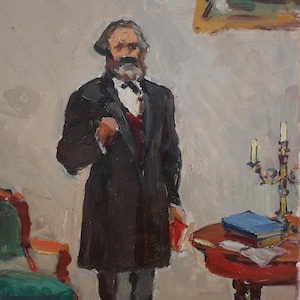 Retrato de K. Marx. Pintura original del artista ucraniano Chernov. L. 43-33 cm, óleo sobre cartón, década de 1960