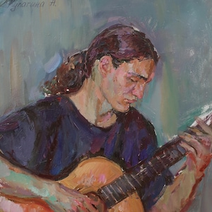 Guitarrista gitano. Pintura original de la artista ucraniana Kulagina A. 30-23 cm, óleo sobre cartón, año 2004