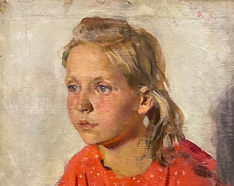 Retrato de una niña. Pintura al óleo antigua original del realismo socialista, arte soviético, artista ucraniano Zaretsky V. 35-28 cm óleo sobre lienzo, década de 1960
