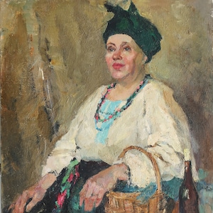Portrait of a woman.Solokha. Antique oil painting original of socialist realism Ukrainian artist Titarenko O.A. oil on canvas 85-65cm 1990