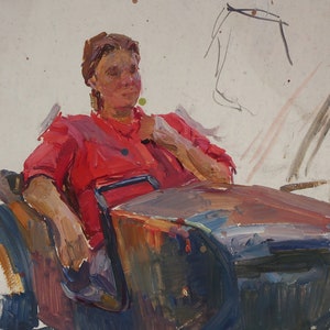 Boceto para una pintura. Artista ucraniano Chernov L. 39-31 cm, óleo sobre cartón, 1950