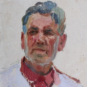 Retrato de un hombre. Pintura al óleo antigua original del socialismo Arte soviético Artista ucraniano Basanets P.A. 24-19 cm Óleo sobre cartón Años 70