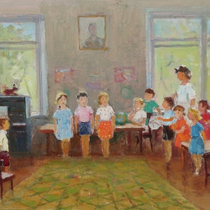 En maternelle. Artiste ukrainienne Khitrova T. 34-43 cm, huile sur carton, 1970