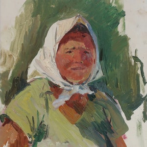 Portrait. Artiste ukrainienne Khitrova T. 29-24 cm, huile sur carton, années 1960