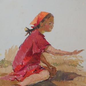 Portrait d'une jeune fille. Artiste ukrainienne Khitrova T. 38-33 cm, huile sur carton, années 1960