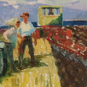 En el campo. Artista ucraniana Hitrova T. 29-26 cm, óleo sobre cartón, años 1970