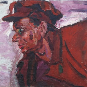 Retrato de un hombre. Pintura al óleo antigua original del realismo socialista Arte soviético Artista ucraniano Gribok D.K 30-39 cm Óleo sobre cartón Años 70