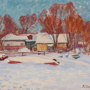 Paisaje invernal. Pintura original del artista ucraniano V. Kikinev. 47-68 cm, óleo sobre cartón, año 1968.