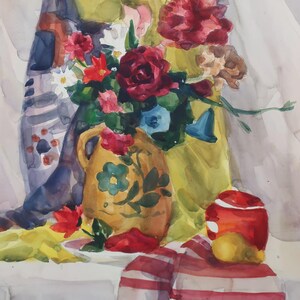 Natura morta. Dipinto originale dell'artista ucraina Zakharova L. 47-41 cm, carta per acquerello, anni '80
