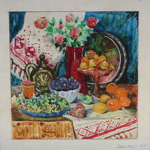 Naturaleza muerta. Pintura original de la artista ucraniana Zakharova, 25-25 cm de largo, técnica mixta sobre cartón, década de 1980.
