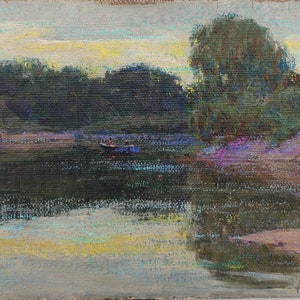 Silencio vespertino. Pintura al óleo antigua original del realismo socialista Arte soviético Artista ucraniano Filbert A.A. 18-28 cm Óleo sobre lienzo sobre cartón