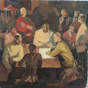 Boceto. Pintura al óleo antigua original del realismo socialista Arte soviético Artista ucraniano Petrachak T.P. 19-19 cm Óleo sobre cartón Años 70