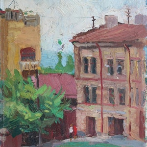 Paisaje urbano. Pintura al óleo antigua original del realismo socialista Arte soviético Artista ucraniano Zykunov P.A 33-25 cm Óleo sobre cartón Año 1984