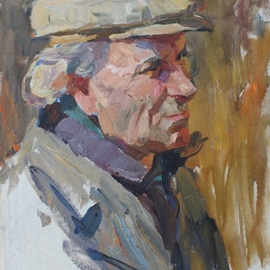 Retrato de un hombre. Pintura al óleo antigua original del realismo socialista Arte soviético Artista ucraniano Kakalo A.V. 54-36 cm Lienzo Óleo Año 1969