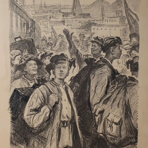 Con i buoni Komsomol per lavorare. Dipinto dell'artista ucraino Tomenko G. 40-29 cm, incisione su carta, anni '50
