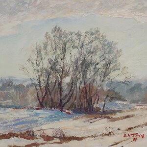 Invierno. Pintura original del artista ucraniano V. Kikinev. 45-51 cm, óleo sobre cartón, año 1984.