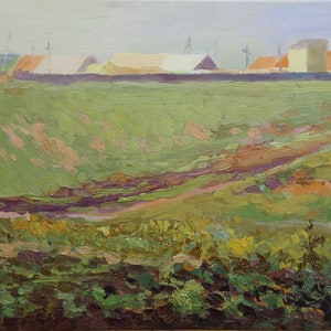 Granjas colectivas. Pintura al óleo del artista ucraniano Gorshkov N. 25-31 cm óleo sobre cartón década de 1980