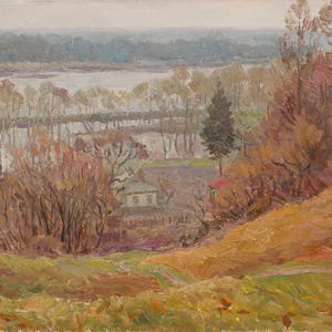 Pueblo. Pintura original del artista ucraniano Kikinev V. 49-64 cm, óleo sobre cartón, año 1976