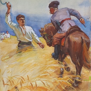 Szkic. Obraz olejny oryginalny socrealizm ukraiński artysta Basanets P. 40-31 cm tektura technika mieszana 1987rok