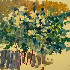 Estudo. Arbusto florido. Pintura original do artista ucraniano Pirogov V. 14-21 cm, óleo sobre papelão, 1975