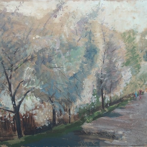 Paisaje. Pintura al óleo antigua original del realismo socialista Arte soviético Artista ucraniano Gribok D.K. 38-37 cm Óleo sobre cartón Años 70