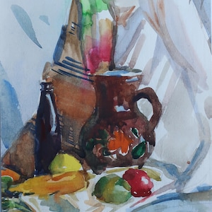 Natura morta. Dipinto originale dell'artista ucraina Zakharova L. 24-16 cm, carta per acquerello, anni '80