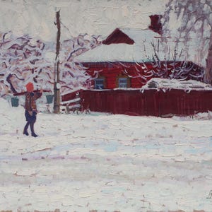 Día de invierno. Pintura original del artista ucraniano Kikinev V. 42-69 cm, óleo sobre cartón, año 1967