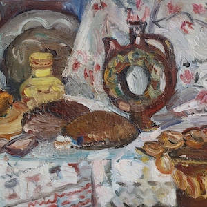Naturaleza muerta. Pintura original de la artista ucraniana Zakharova, 21-30 cm de largo, óleo sobre cartón, década de 1980.