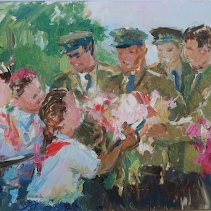 Pionniers. Artiste ukrainienne Hitrova T. 27-48 cm, huile sur carton années 1970