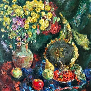 Bodegón otoñal. Pintura original de la artista ucraniana Repka. 66-60 cm, óleo sobre cartón.