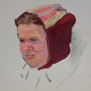Portrait. Artiste ukrainienne Khitrova T. 22-19 cm, huile sur carton, année 1958