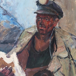 Minero. Pintura al óleo antigua. Original del realismo socialista. Arte soviético. Artista ucraniano Gribok D.K. 68-46 cm. Óleo sobre cartón. Años 70.