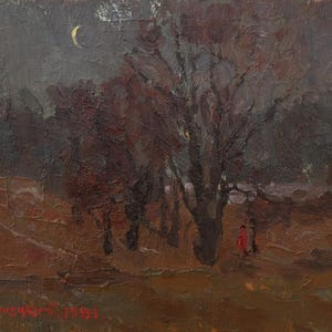 Paisaje. Pintura original del artista ucraniano Tyshchetsky V. 24-34 cm, óleo sobre cartón, año 1981