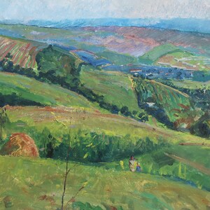 Paisaje moldavo. Pintura al óleo antigua original del socialismo. Arte soviético. Artista ucraniano Gribok D.K. 59-75 cm. Óleo sobre cartón. Años 70.
