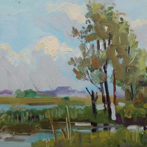 Paisaje. Pintura original del artista ucraniano Polyakov S. 15-21 cm, óleo sobre cartón, década de 1990