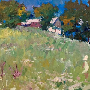 Paisaje. Pintura original del artista ucraniano Pirogov V. 32-47 cm, óleo sobre cartón, década de 1970.