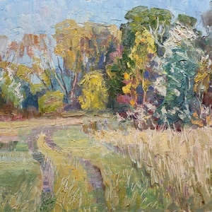 Paisaje. Pintura al óleo original del realismo socialista de la artista ucraniana Syrovatka D. 36-46 cm cartón óleo década de 1970