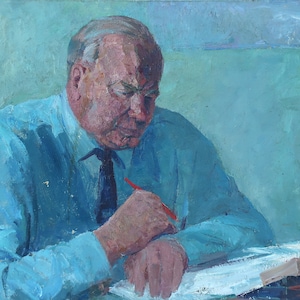Retrato de un hombre. Pintura al óleo antigua original del realismo socialista Arte soviético Artista ucraniano Gribok D.K 50-68 cm Óleo sobre cartón 1976
