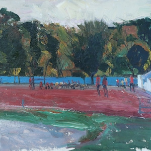 Estadio. Pintura al óleo antigua original del realismo socialista Arte soviético Artista ucraniano Gribok D.K. 50-80 cm Óleo sobre cartón 1970e