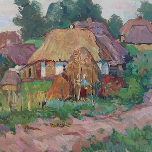 Village Shmshaki. Peinture originale de l'artiste ukrainien Yakovenko E. 49-60 cm, huile sur carton, année 1982