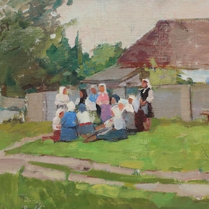 Vacances. Peinture originale de l'artiste ukrainienne Kryzhanovskaya M. 35-49 cm, huile sur toile sur carton, année 1977