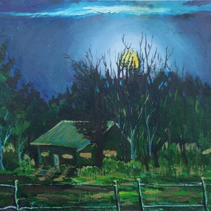 Nuit au clair de lune. Peinture à l’huile réalisme socialiste original Artiste ukrainien 41-55 cm carton huile années 1990