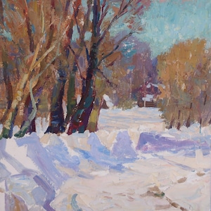 Route en hiver. Artiste ukrainien Shifman I. 49-45 cm, huile sur carton, années 1970