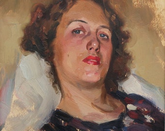 Estudio. Pintura al óleo antigua original del realismo socialista Arte soviético Artista ucraniano Grigoriev S.A. 27-26 cm Óleo sobre cartón Año 1955