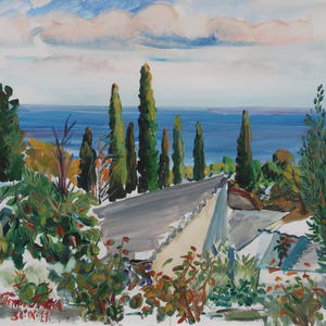 Cypress trees against the background of the sea.Original painting by Ukrainian artist Ganja P. 57-63 cm, oil on canvas