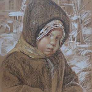 Retrato. Pintura original del artista ucraniano Serdyukov A. 49-39 cm cartón pastel año 1986